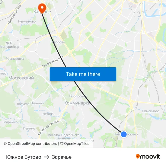 Южное Бутово to Заречье map