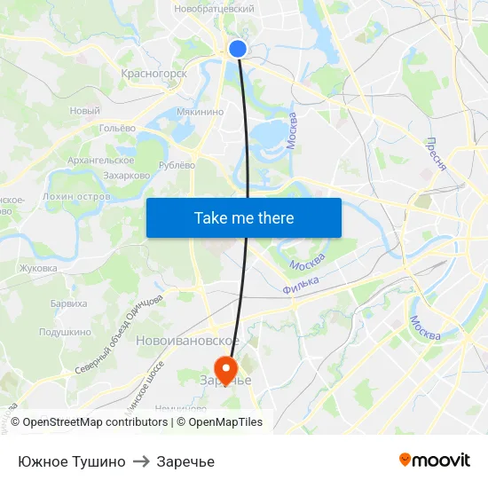 Южное Тушино to Заречье map
