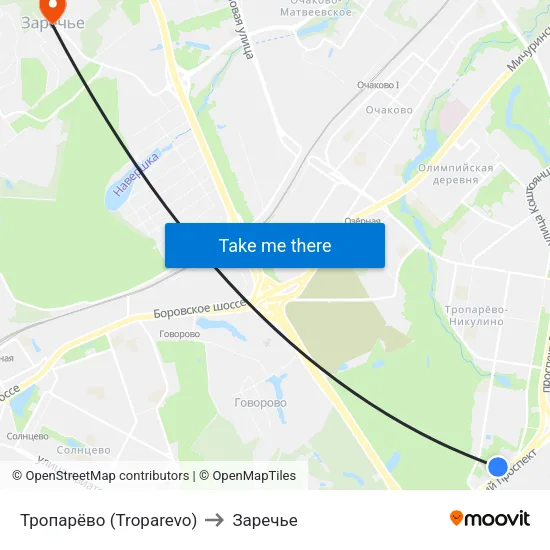 Тропарёво (Troparevo) to Заречье map