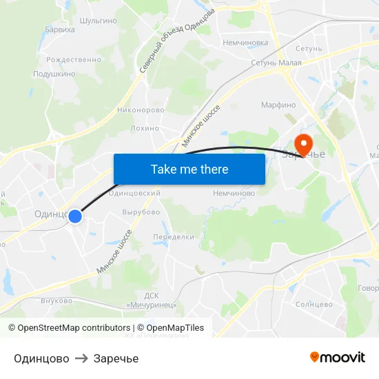 Одинцово to Заречье map