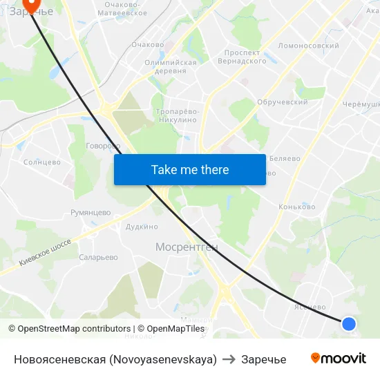 Новоясеневская (Novoyasenevskaya) to Заречье map