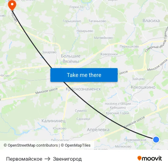 Первомайское to Звенигород map