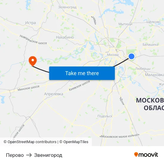 Перово to Звенигород map