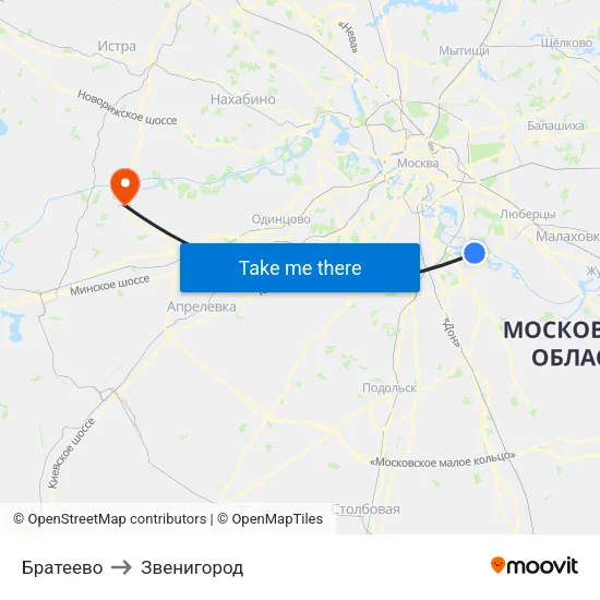 Братеево to Звенигород map