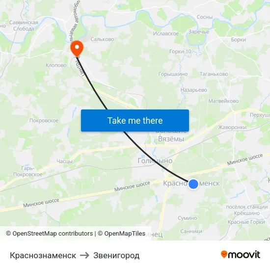 Краснознаменск to Звенигород map