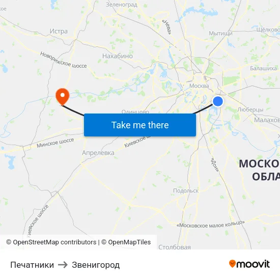 Печатники to Звенигород map