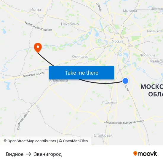 Видное to Звенигород map