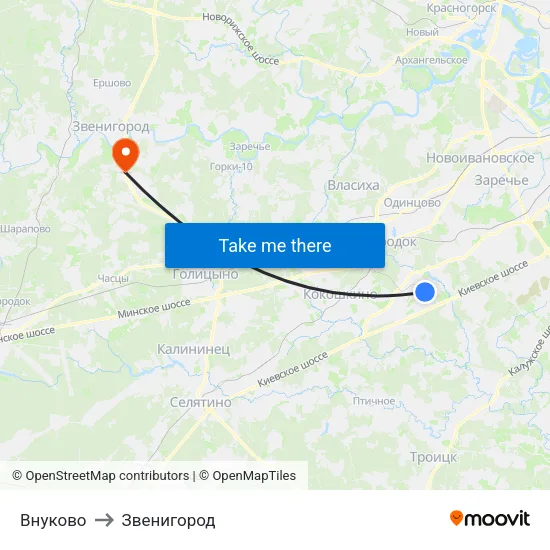 Внуково to Звенигород map