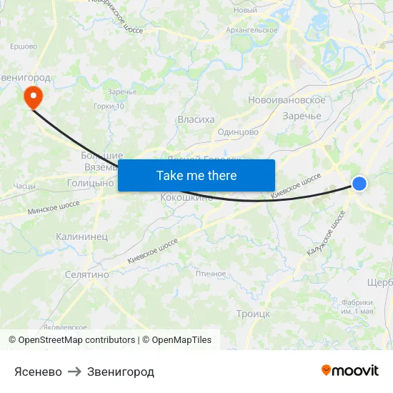 Ясенево to Звенигород map