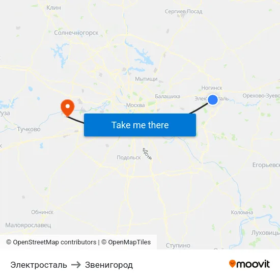 Электросталь to Звенигород map