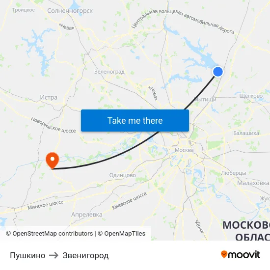 Пушкино to Звенигород map