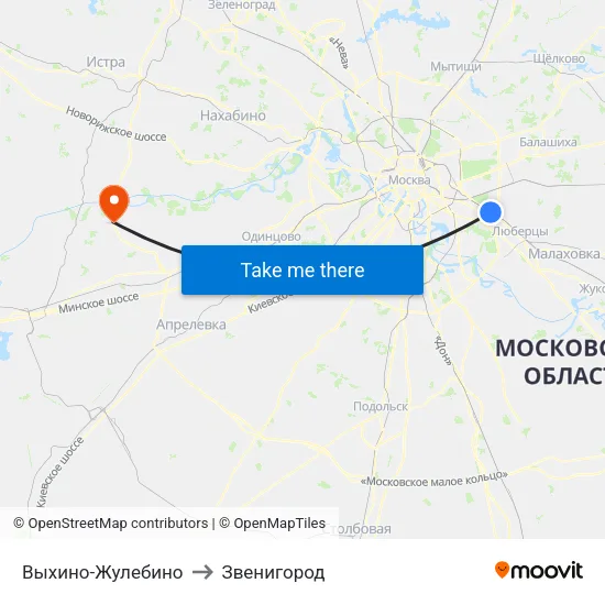 Выхино-Жулебино to Звенигород map
