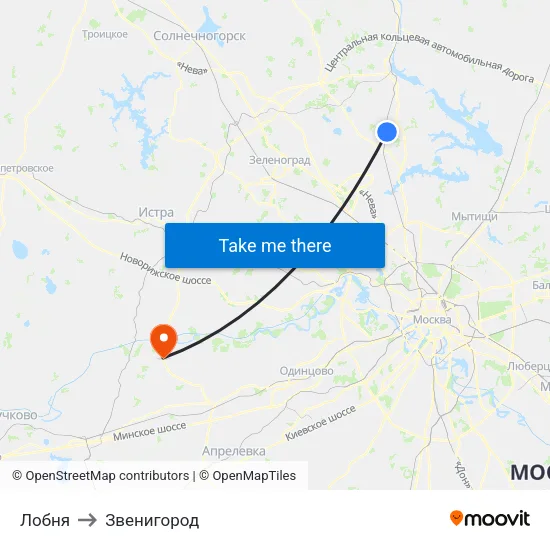 Лобня to Звенигород map