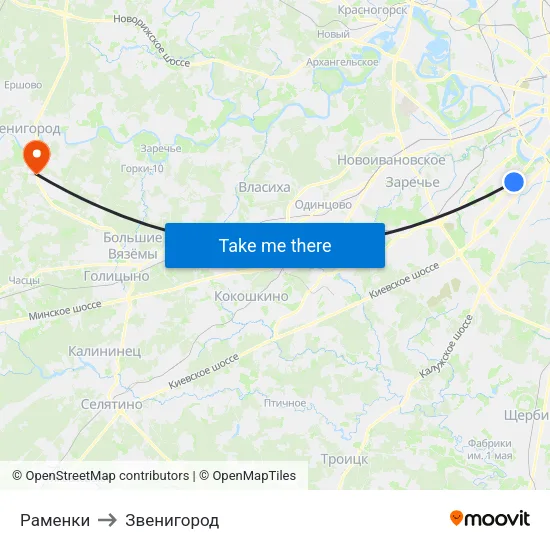 Раменки to Звенигород map