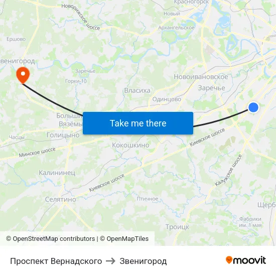 Проспект Вернадского to Звенигород map