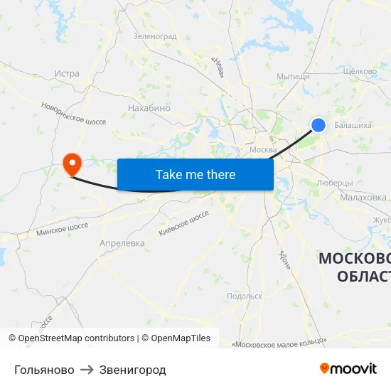 Гольяново to Звенигород map