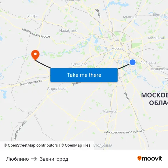 Люблино to Звенигород map