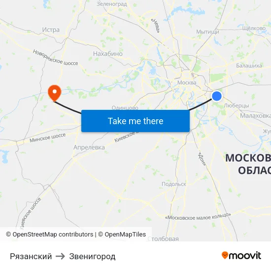 Рязанский to Звенигород map