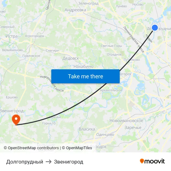 Долгопрудный to Звенигород map