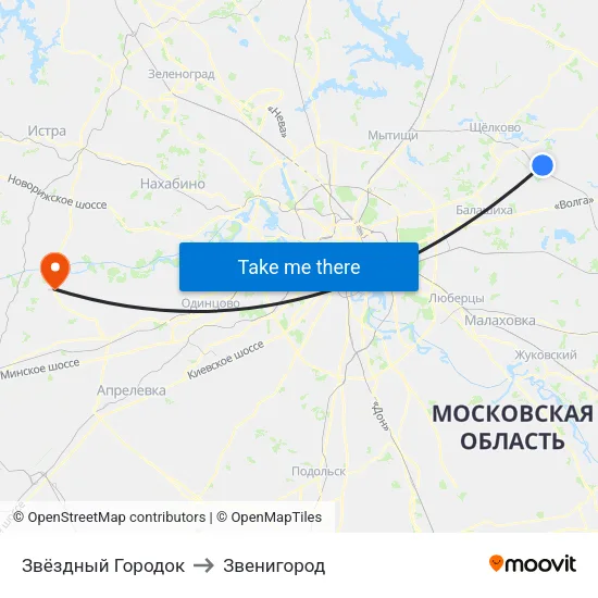 Звёздный Городок to Звенигород map
