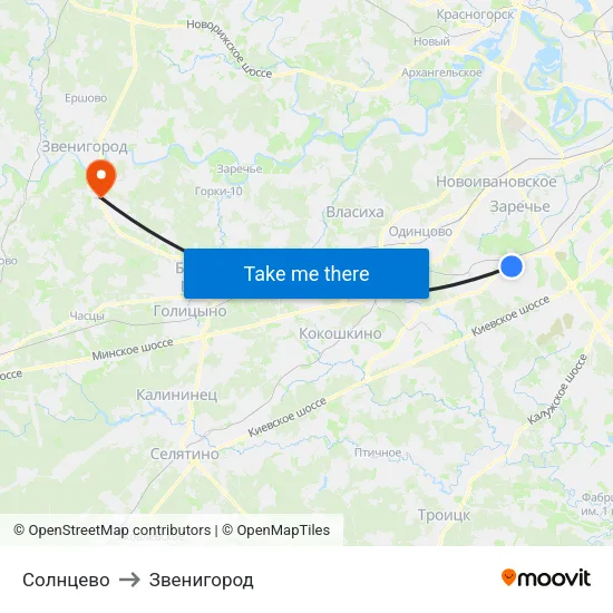 Солнцево to Звенигород map