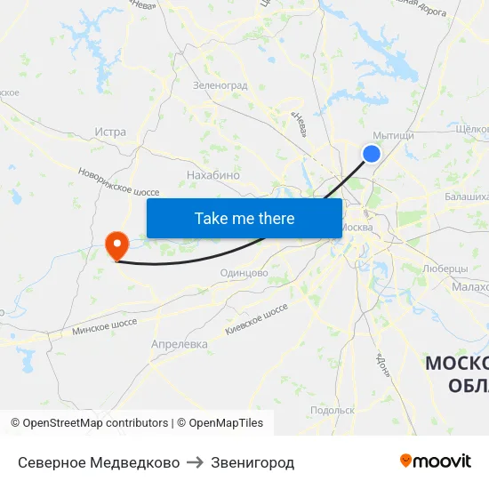 Северное Медведково to Звенигород map