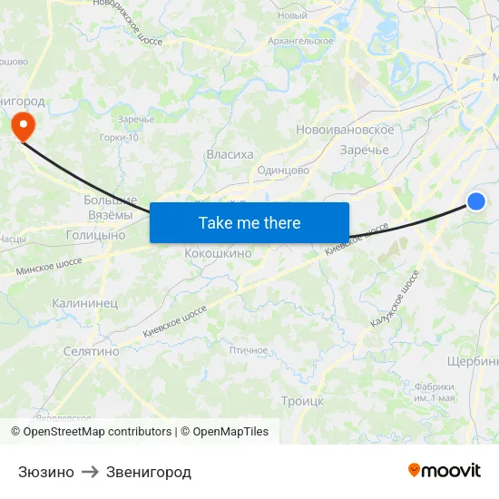 Зюзино to Звенигород map