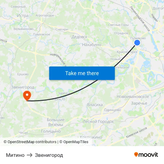 Митино to Звенигород map