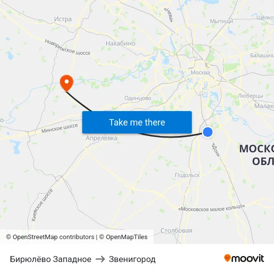 Бирюлёво Западное to Звенигород map