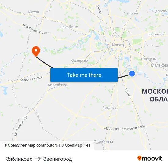 Зябликово to Звенигород map