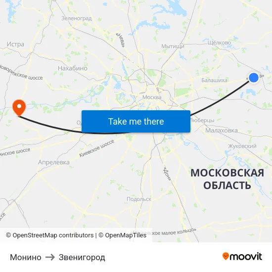Монино to Звенигород map