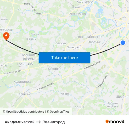 Академический to Звенигород map