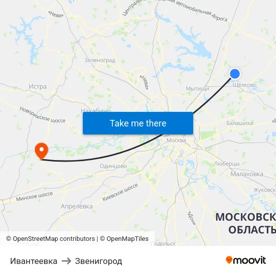 Ивантеевка to Звенигород map
