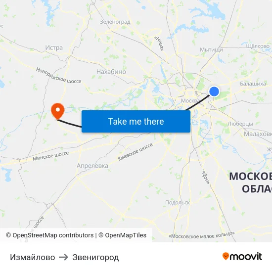 Измайлово to Звенигород map