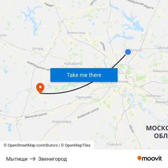 Мытищи to Звенигород map