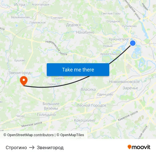 Строгино to Звенигород map