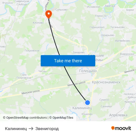 Калининец to Звенигород map