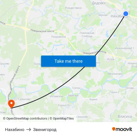 Нахабино to Звенигород map