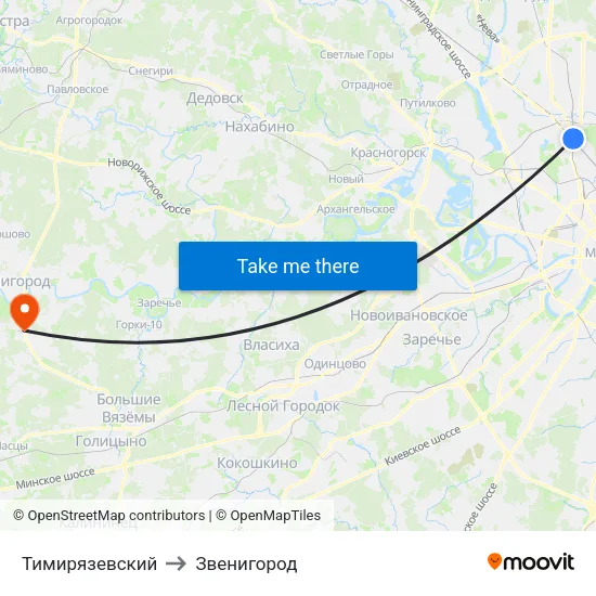 Тимирязевский to Звенигород map
