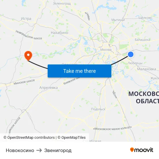 Новокосино to Звенигород map
