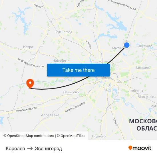 Королёв to Звенигород map