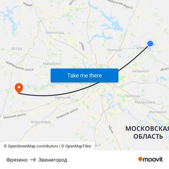 Фрязино to Звенигород map