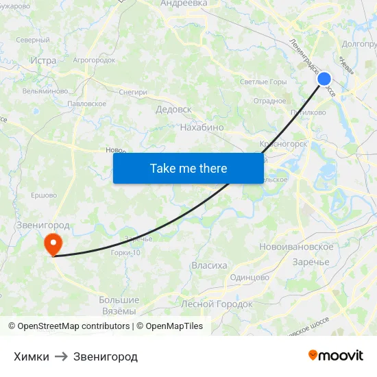 Химки to Звенигород map