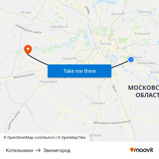 Котельники to Звенигород map