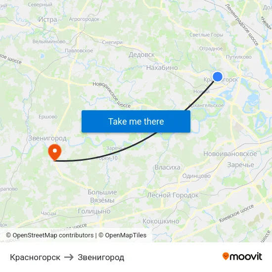 Красногорск to Звенигород map