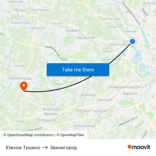 Южное Тушино to Звенигород map