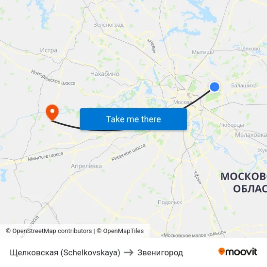 Щелковская (Schelkovskaya) to Звенигород map