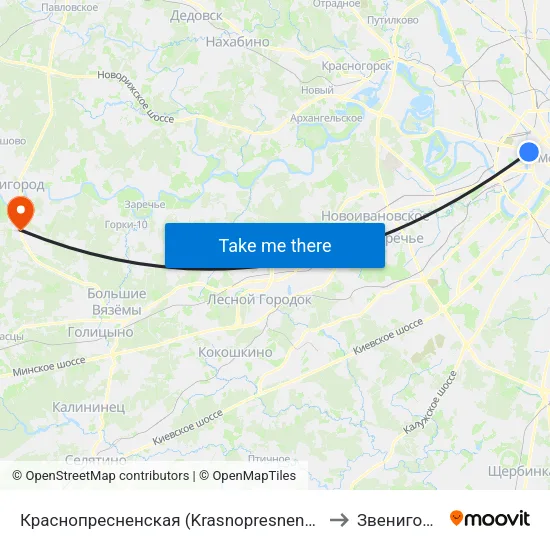 Краснопресненская (Krasnopresnenskaya) to Звенигород map