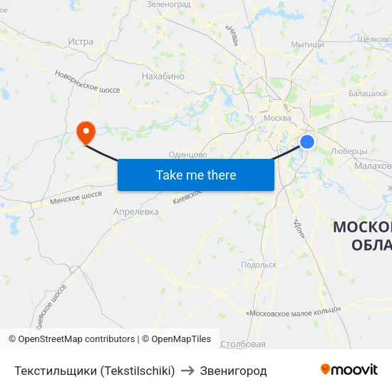Текстильщики (Tekstilschiki) to Звенигород map