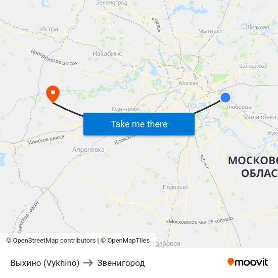 Выхино (Vykhino) to Звенигород map